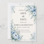 Staubblaue Blumige Hochzeit Save The Date (Vorderseite)