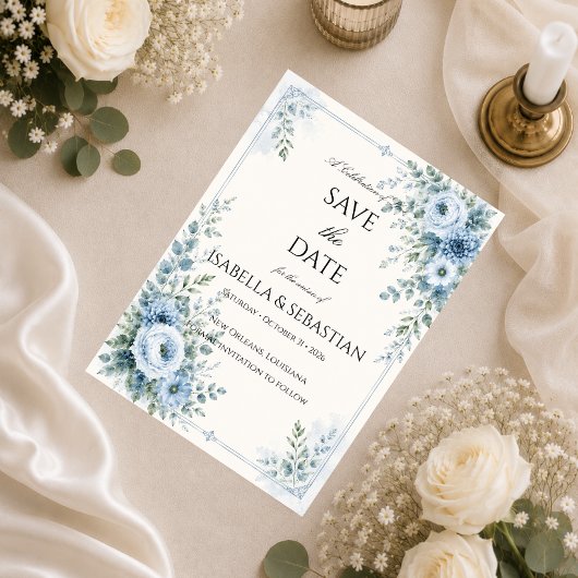 Staubblaue Blumige Hochzeit Save The Date