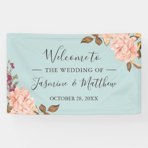 Staubblaue Blush-Blumen-Hochzeitsfeier- Banner