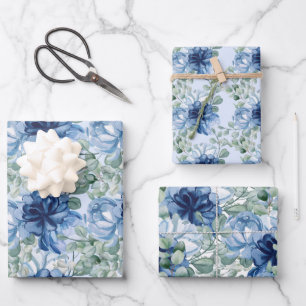 Staubblaue Blüten- und Eukalyptus-Hochzeit Geschenkpapier Set