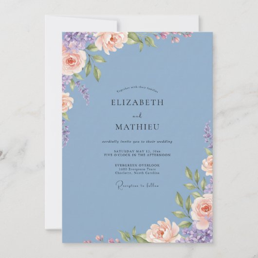 Staubblaue Blütenfülle Hochzeit Einladung (Vorderseite)