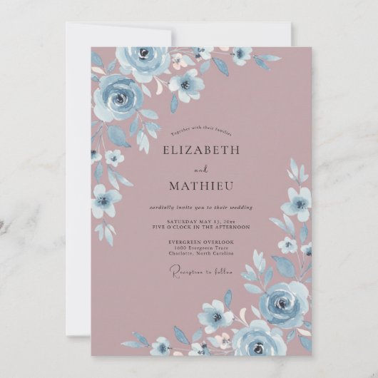 Staubblaue Blütenhochzeit Einladung (Vorderseite)
