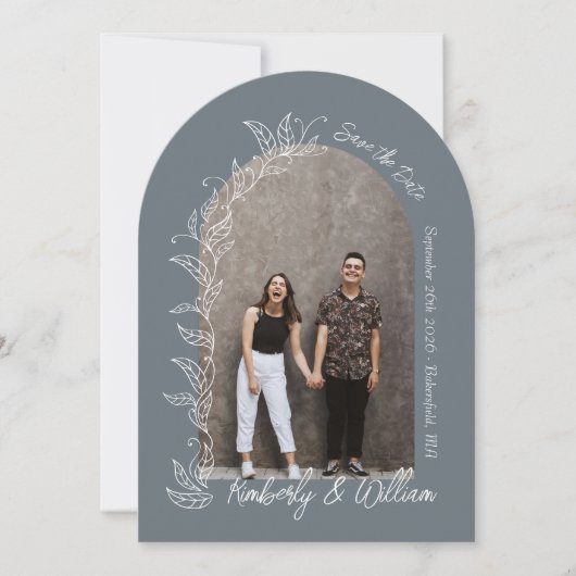 Staubblaue Botanische Blätter Bogen Save-the-Date- Einladung (Vorderseite)