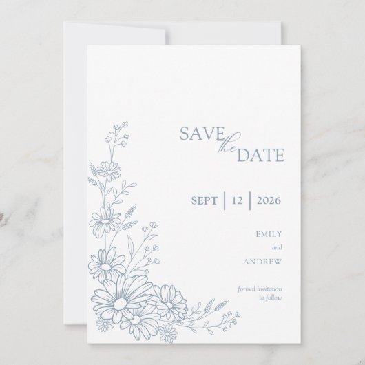 Staubblaue Botanische Daisy-Gartenhochzeit Save The Date (Vorderseite)