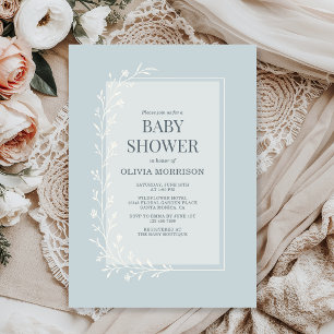 Staubblaue botanische florale Babyparty Einladung