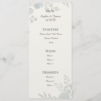Staubblaue botanische Hochzeitsmenü Menükarte