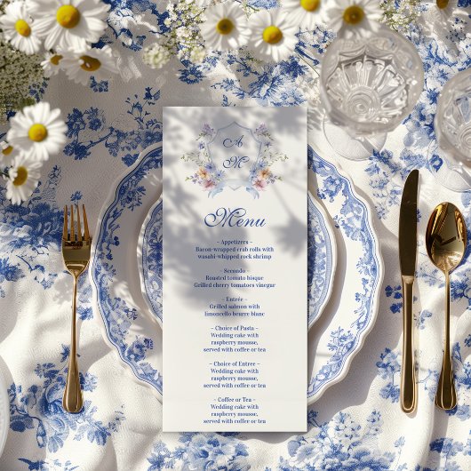 Staubblaue Crest-Blumenhochzeit Menükarte