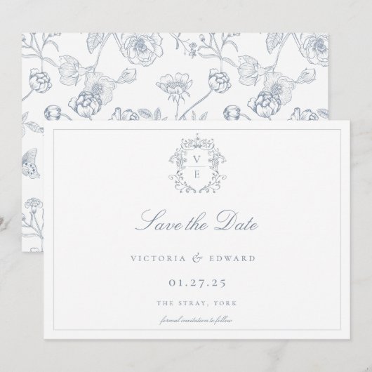 Staubblaue Crest-Monogramm-Hochzeit Save The Date (Vorne/Hinten)