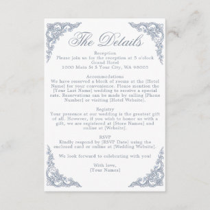 Staubblaue Crest-Monogramm-Regal-Rocken-Hochzeit Begleitkarte