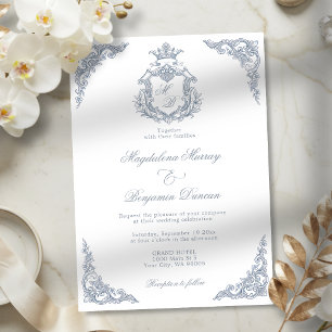 Staubblaue Crest-Monogramm-Regal-Rocken-Hochzeit Einladung