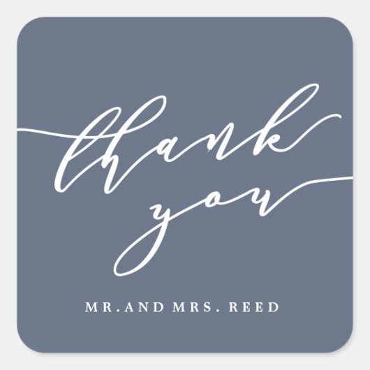 staubblaue Dankeschön-Aufkleber von mir und mrs Quadratischer Aufkleber (Vorderseite)