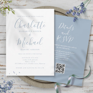 Staubblaue elegante Skript-QR-Code-Hochzeit Einladung