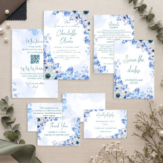 Staubblaue florale Aquarell-Hochzeitseinladung Einladung