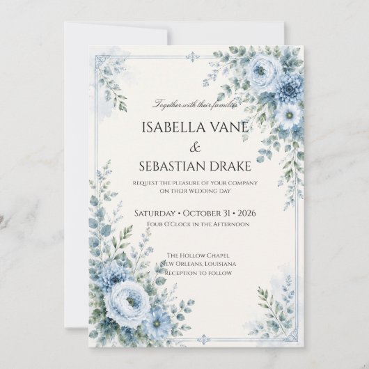 Staubblaue florale Hochzeit Einladung (Vorderseite)