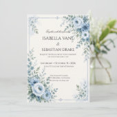 Staubblaue florale Hochzeit Einladung (Stehend Vorderseite)