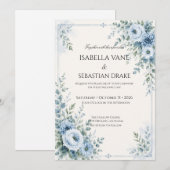 Staubblaue florale Hochzeit Einladung (Vorne/Hinten)