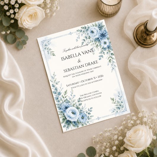 Staubblaue florale Hochzeit Einladung