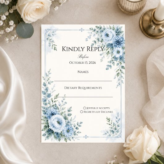 Staubblaue florale Hochzeit RSVP Karte
