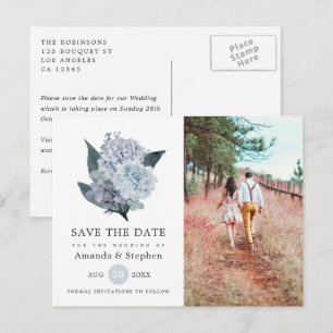 Staubblaue Florale Hochzeits-Save-the-Date-Postkar Postkarte