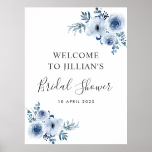 staubblaue florale Hochzeitsdusche Willkommensschi Poster