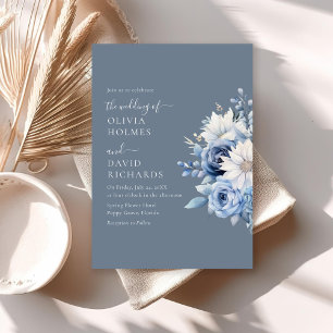 Staubblaue Florale Hochzeitseinladung Elegant Link Einladung