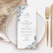 Staubblaue Florale Hochzeitsempfangs-Dinner Menükarte