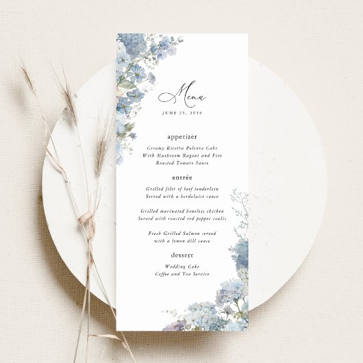 Staubblaue Florale Hochzeitsempfangs-Dinner Menükarte