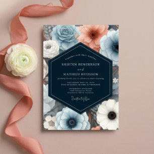 Staubblaue florale Hochzeitsromantik Einladung