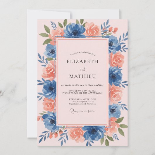 Staubblaue florale Kunst Hochzeit Einladung (Vorderseite)