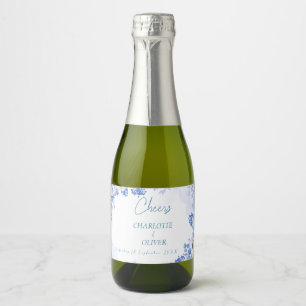 Staubblaue florale Mini-Champagnerflaschen-Etikett Schaumweinetikett