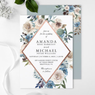 Staubblaue florale roségoldene Hochzeitseinladung Einladung