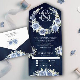 Staubblaue Florale Rosen-Girlande Navy Blau Hochze All In One Einladung