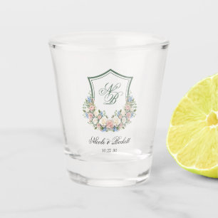 Staubblaue florale Wappen-Hochzeit Schnapsglas