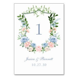 Staubblaue florale Wappen-Hochzeitstisch-Nummer Tischnummer