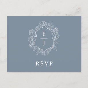 Staubblaue Florale Wappen-Monogramm-Hochzeits-RSVP Postkarte