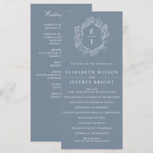 Staubblaue Floralkrone Monogramm Hochzeit Programm (Vorne/Hinten)