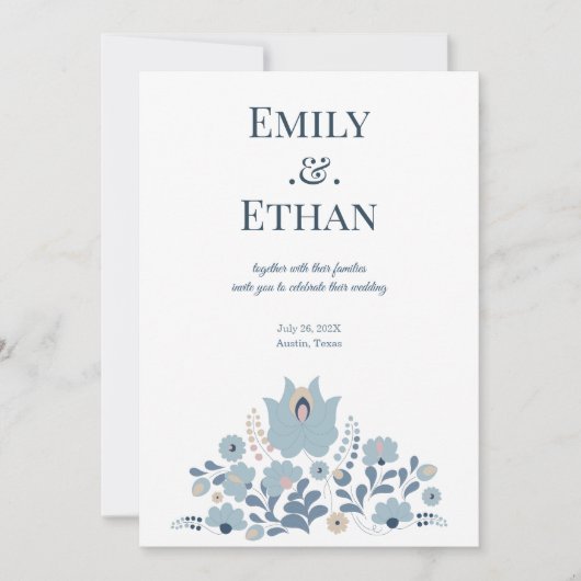 Staubblaue Folk Floral Hochzeitseinladung Einladung (Vorderseite)