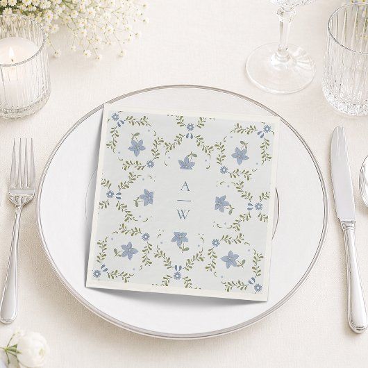 Staubblaue Folk-Monogramm-Hochzeitsservietten Serviette