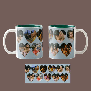Staubblaue Foto-Collage-Tasse mit Herzrahmen Zweifarbige Tasse