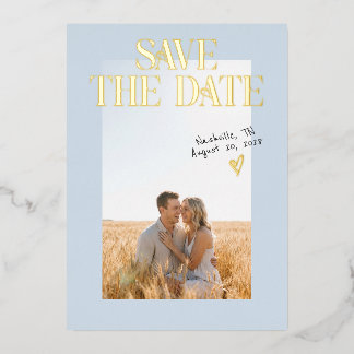 Staubblaue Foto-Save-the-Date-Folienkarte Folieneinladung