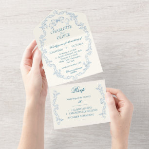 Staubblaue französische Toile-Hochzeitseinladungen All In One Einladung