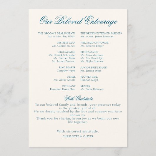Staubblaue französische Toile-Hochzeitsprogramm-Pa Programm (Rückseite)