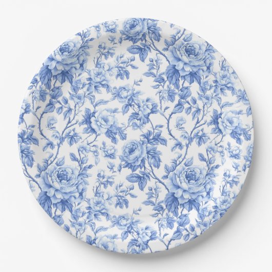 Staubblaue französische Toile-Rosen-Blumen-Papiert Pappteller (Vorderseite)