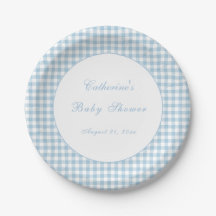 Staubblaue Gingham-Klassiker-Baby-Shower-Platte