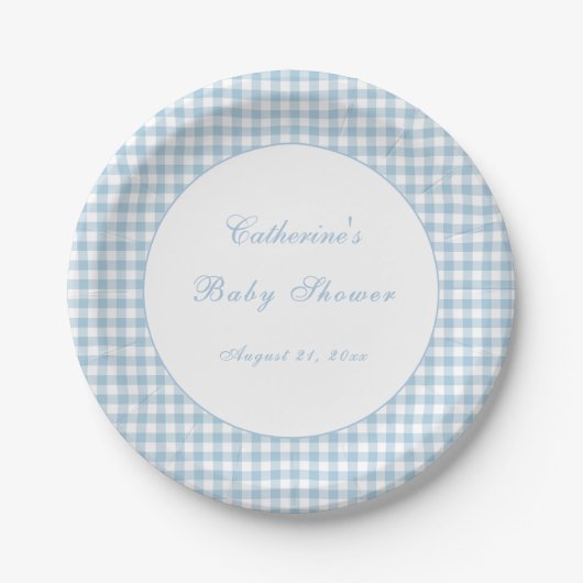 Staubblaue Gingham-Klassiker-Baby-Shower-Platte Pappteller (Vorderseite)