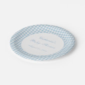 Staubblaue Gingham-Klassiker-Baby-Shower-Platte Pappteller (Schrägansicht)