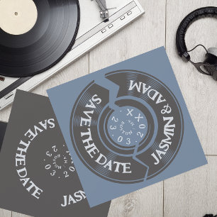 Staubblaue Groovy-Schallplatten-Hochzeit Save The Date