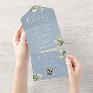 Staubblaue grüne Goldbogen QR-Code Hochzeit All In One Einladung