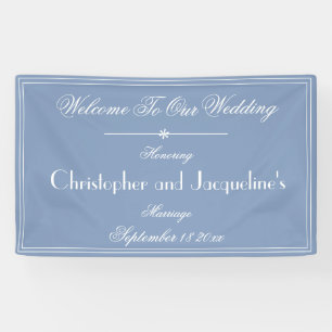 Staubblaue Hochzeit-Chic-Schrift Namen Willkommen Banner