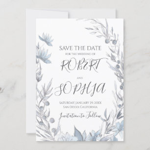 Staubblaue Hochzeit mit Blumen Save The Date
